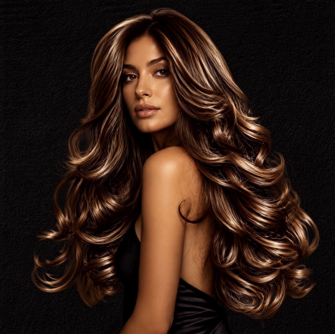 Model glancing over her shoulder with very long, voluminous caramel-highlighted waves